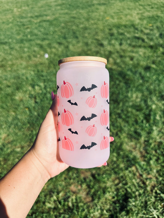 Pink pumpkins frosted glass cup