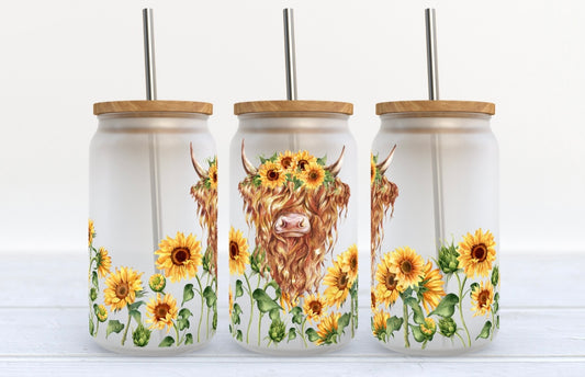 Sunflower and bull frosted glass cup
